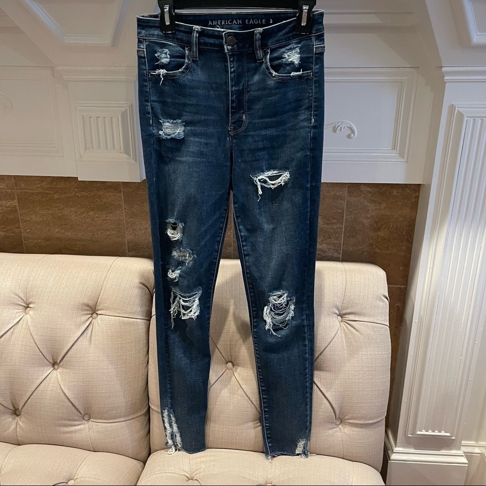 I: American Eagle High-Rise Jegging Jeans Sz 8 Distressed Denim Mid to Dark Blue